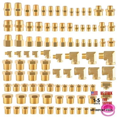 98PCS Brass Pipe Fittings Assortment Kit NPT Adapter,Reducer Bushing, Hex