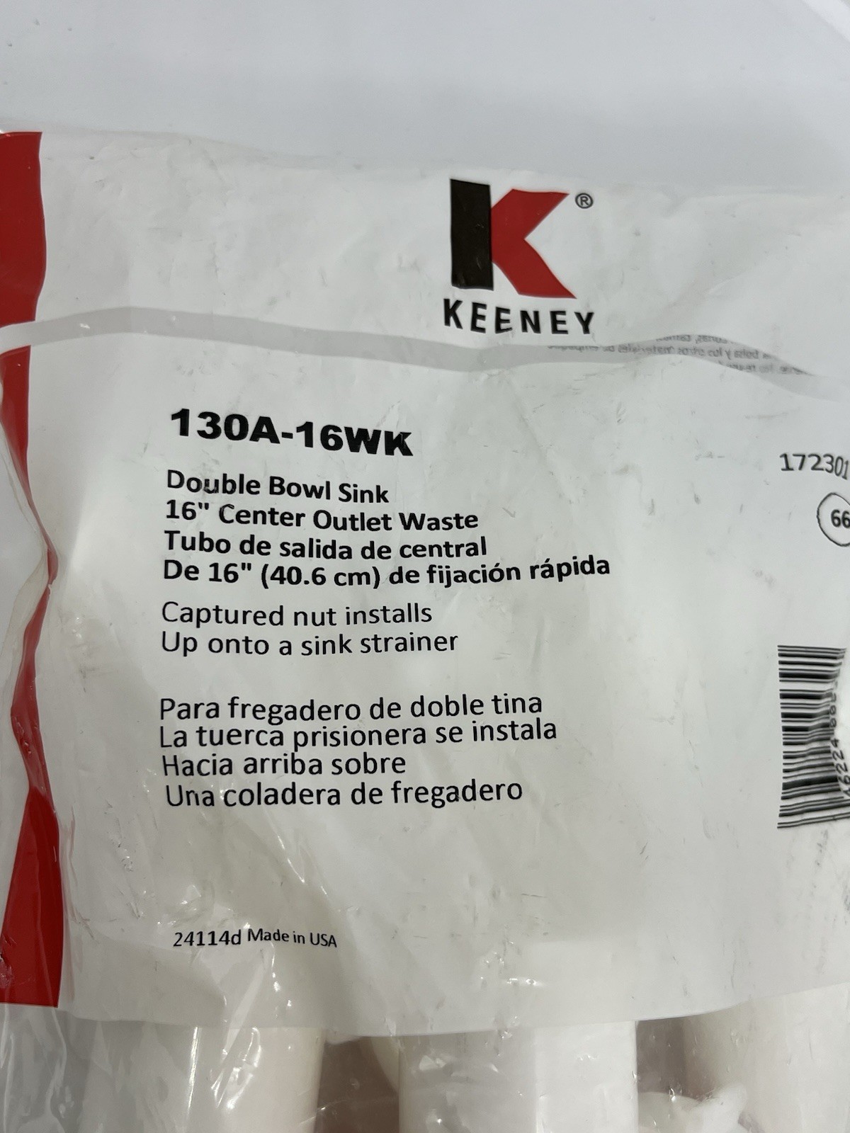 Keeney 1-1/2″ x 16″ Center Outlet Waste Kit Double Bowl Sink White 130A-16WK