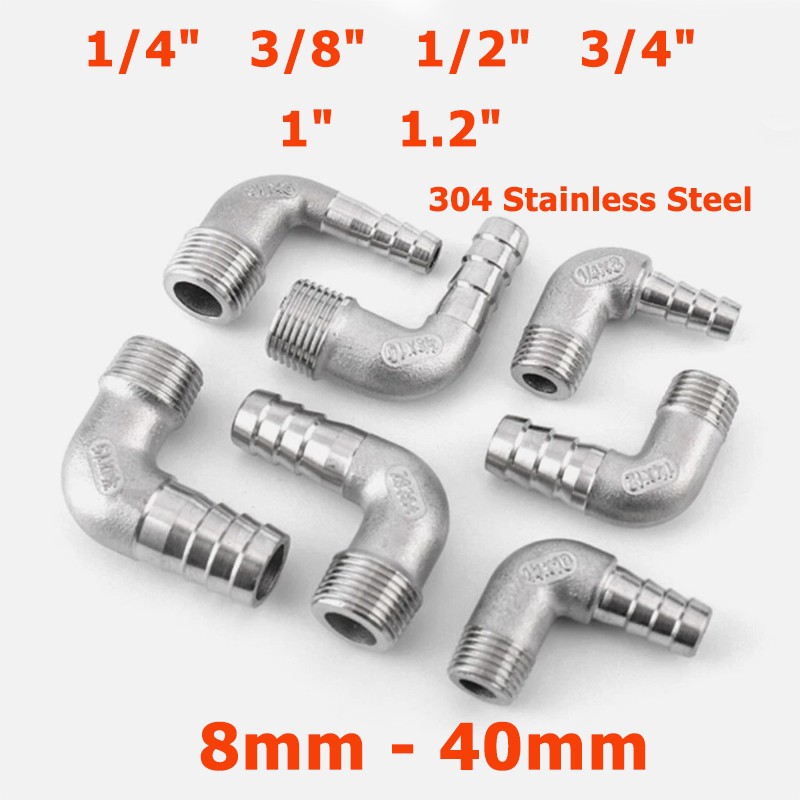 1/4″-1.2″ Stainless Steel Male Thread Fitting Hose Tail Elbow 90° Barb Connector
