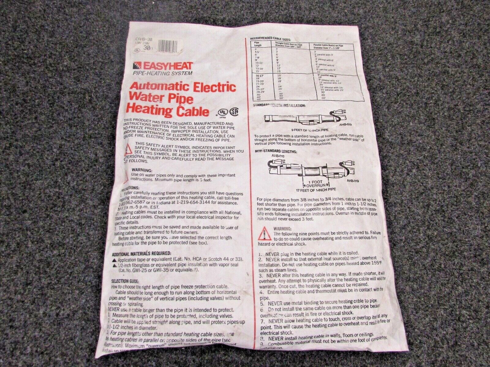 NOS! EASY HEAT PIPE HEATING SYSTEM CAHB-30, 30 ft. AUTOMATIC HEATING SYSTEM