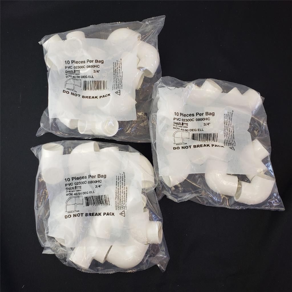 = Lot of 3 Packages Charlotte PVC Pipe 10 PC 3/4″ USA Made SCH 40/90 DEG ELL