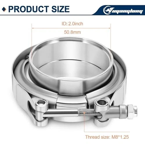 2.0 Inch V Band Clamp, Exhaust Clamp with Male Female Flange 304 Stainless 2.0″