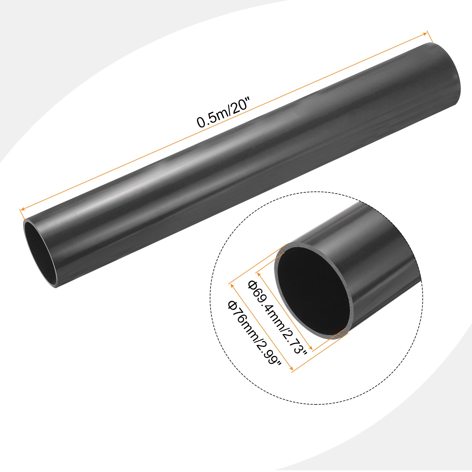 PVC Rigid Round Pipe 69.4mm ID 76mm OD 500mm Dark Grey High Impact