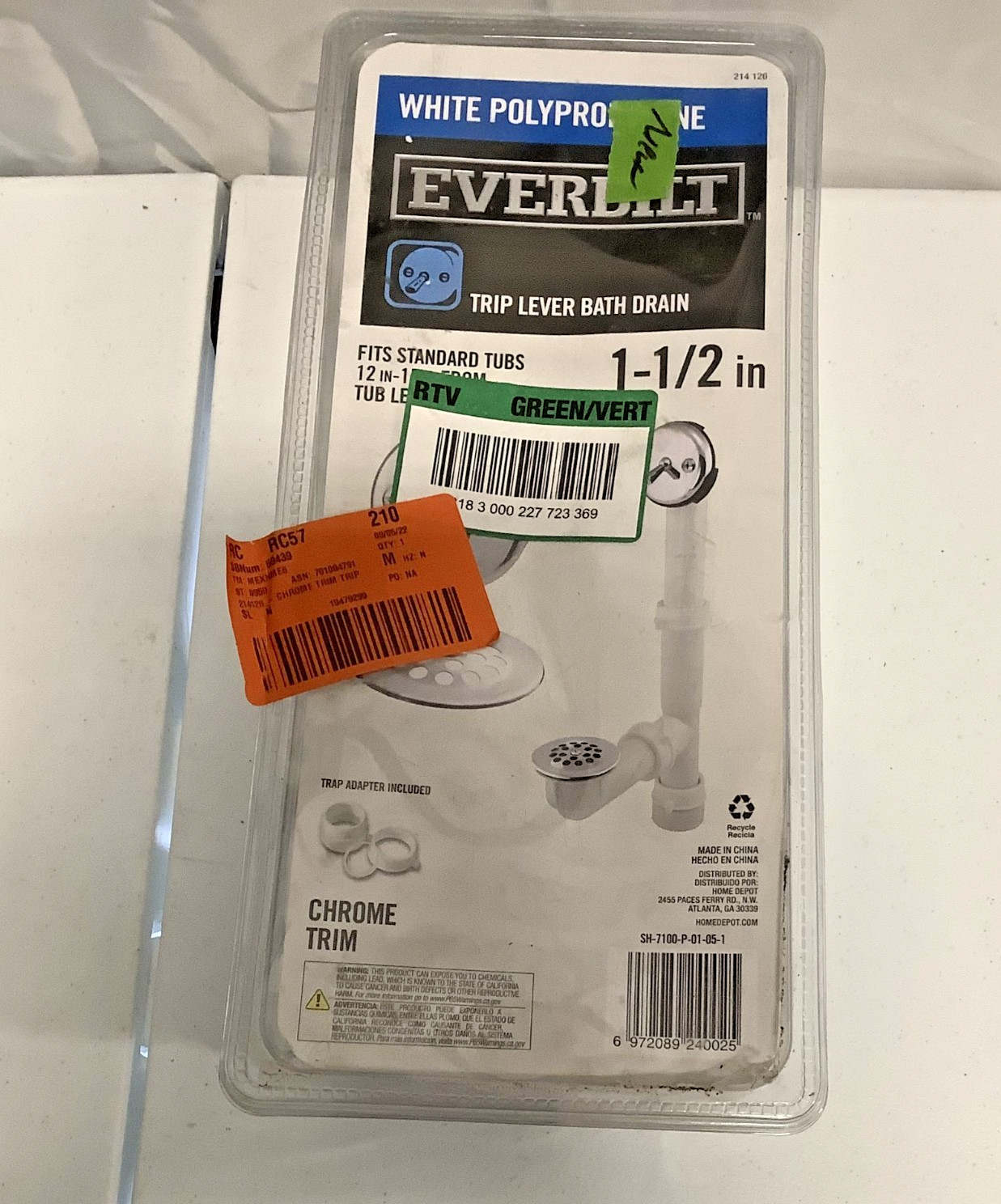 Everbilt Trip Lever 1 1/2″ White Poly Pipe Bath Waste & Overflow Drain Chrome