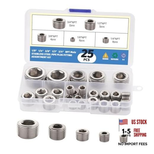 25Pcs 304 Pipe Plug Fittings Kit,5 Sizes | 1/8″ 1/4″ 3/8″ 1/2″ Stainless Steel