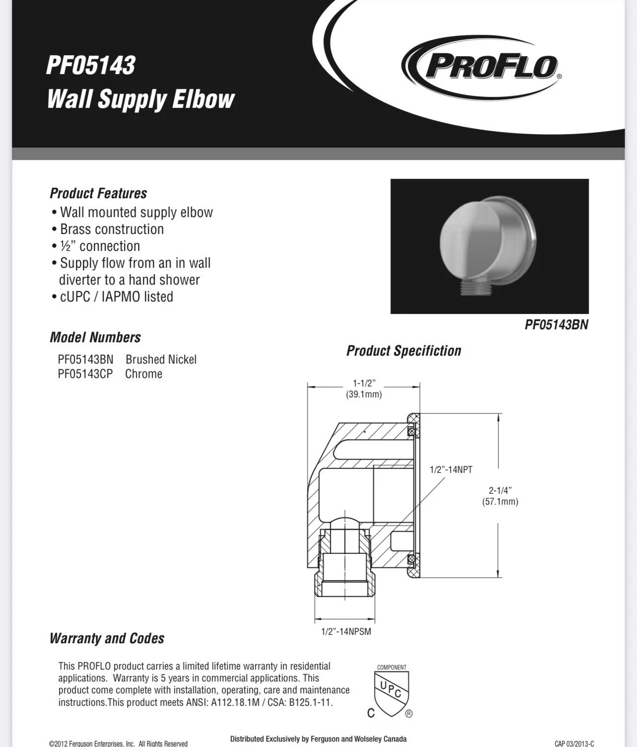 Chrome Wall Mounted Supply Elbow For 1/2” Hand Shower Hose PROFLO PFSAWE02CP