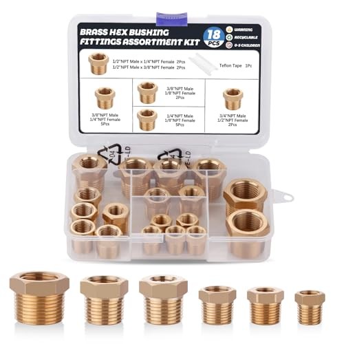 18PCS Brass Fitting Kit,1/4″ – 1/8″, 3/8″ – 1/8″,3/8″ – 1/4″,1/2″ – Hex Bushing