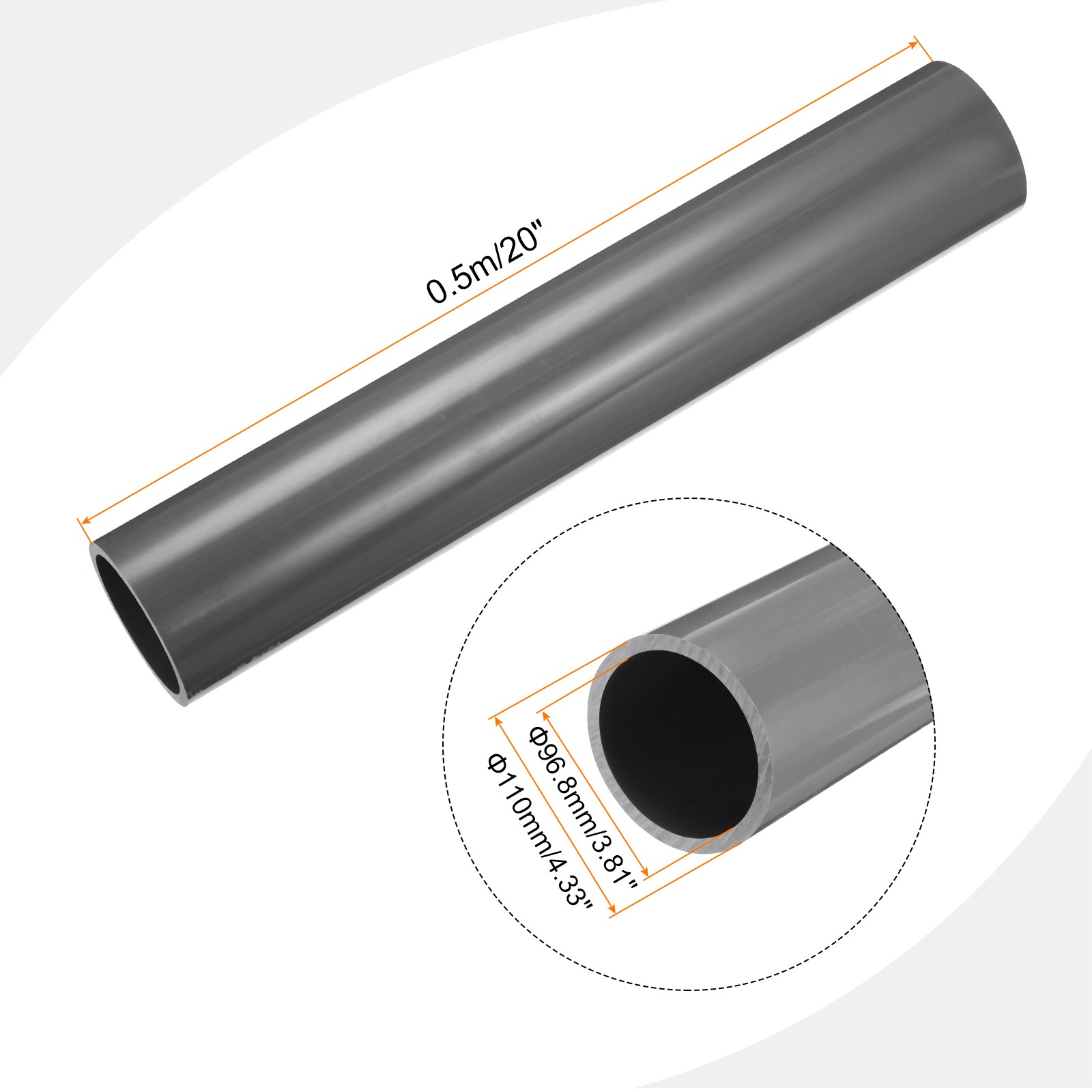 PVC Rigid Round Pipe 96.8mm ID 110mm OD 500mm Light Grey High Impact