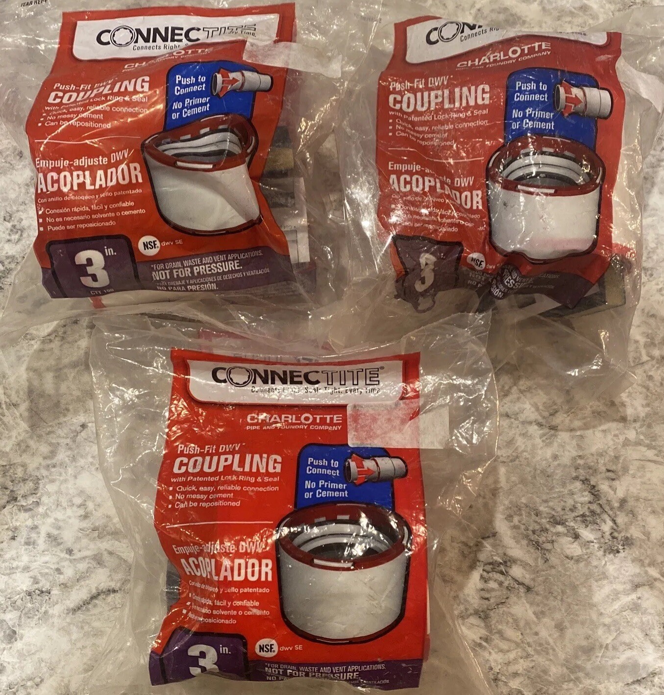 Lot of 3- Charlotte Pipe 3-in Connectite Push-Fit DWV Coupling, Quick, Easy. New
