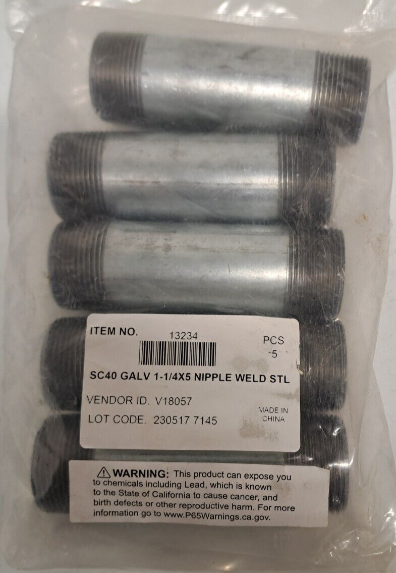 1-1/4″ MNPT x 5″ Galvanized Steel Pipe Nipple Schedule 40 Lot of 5