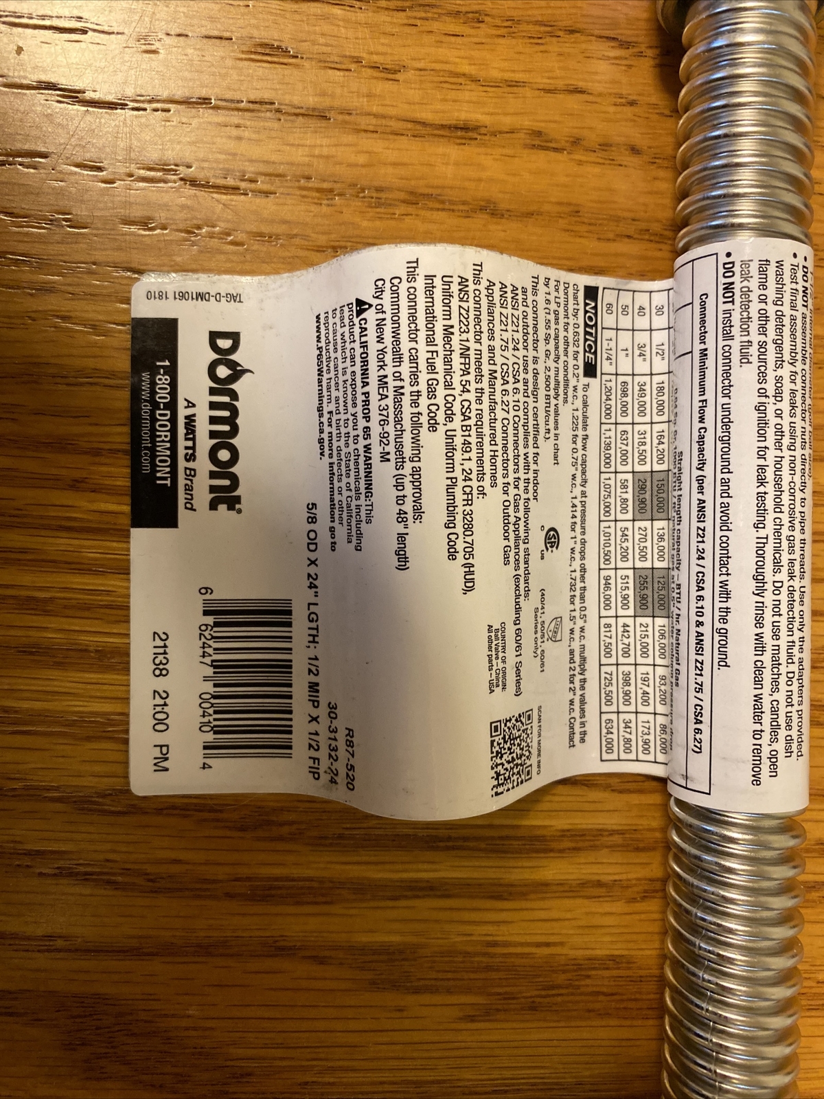 Dormont 30-3132-24 SS Brand new -Flex. 5/8 OD X 24” LGTH; 1/2 MIP X 1/2 FIP