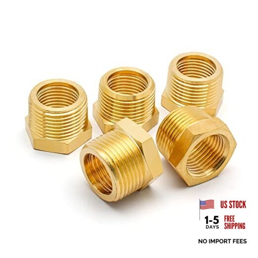 5Pcs Brass Reducer Hex Bushing Thread Reducer 1/4″ NPT Male to 1/8″ NPT Female