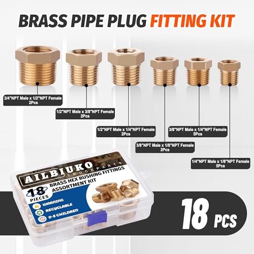 18PCS Brass Fitting Kit,1/4″ – 1/8″, 3/8″ – 1/8″,3/8″ – 1/4″,1/2″ – Hex Bushing