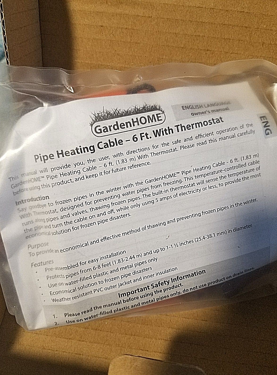 GardenHome pipe heating cable with thermostat 6 feet