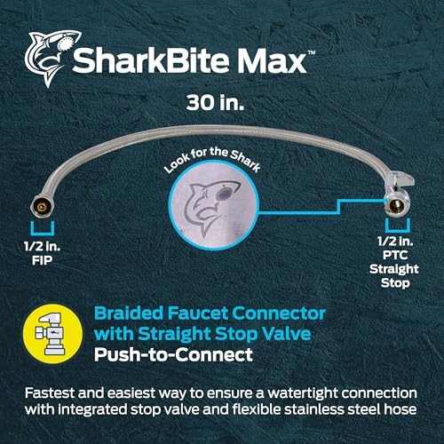 Max 30 In. Stainless Steel Braided Faucet Connector with Straight Stop Valve,