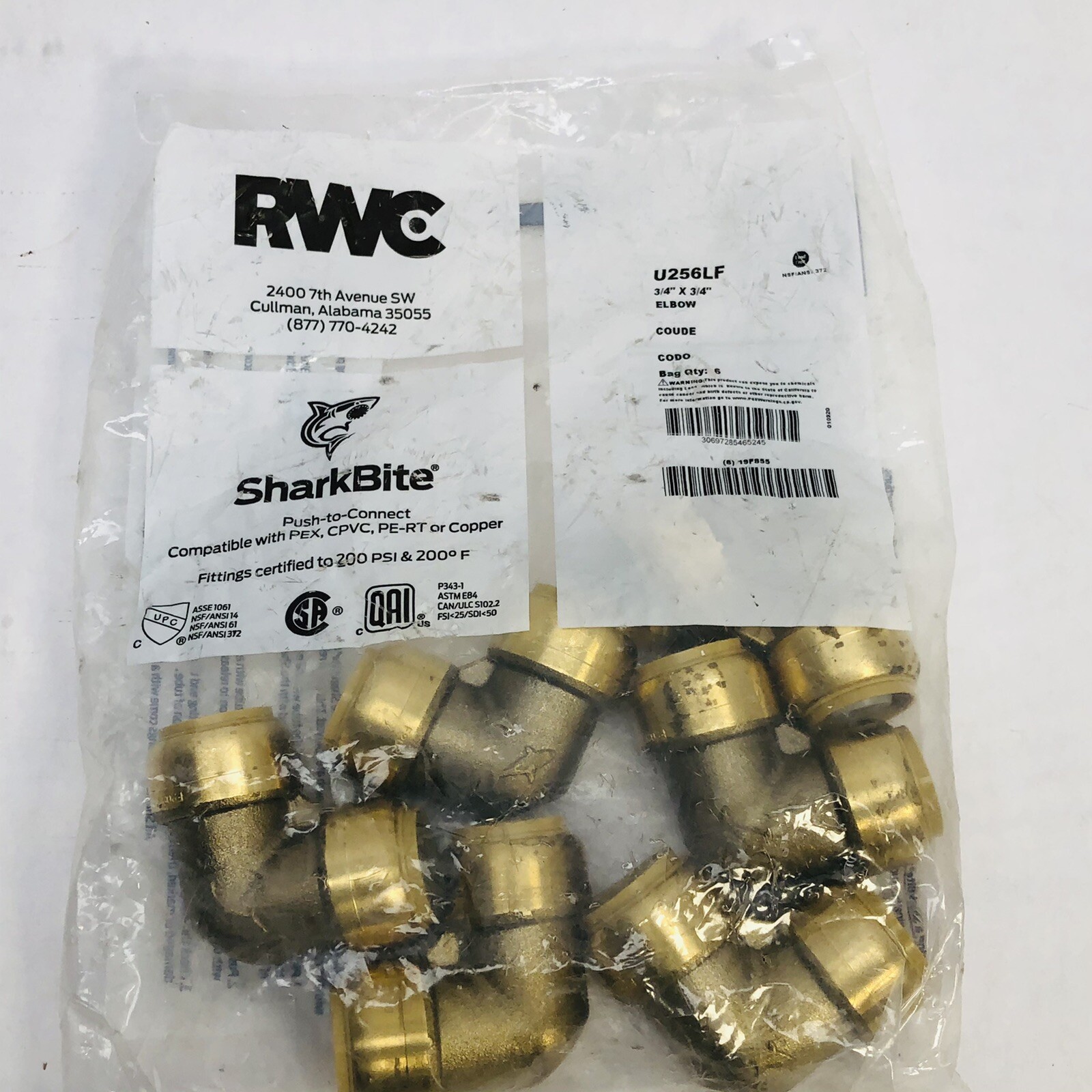 BAG OF 6 SHARKBITE ¾” X ¾” U256LF 90º PUSH-TO-CONNECT ELBOW FITTING
