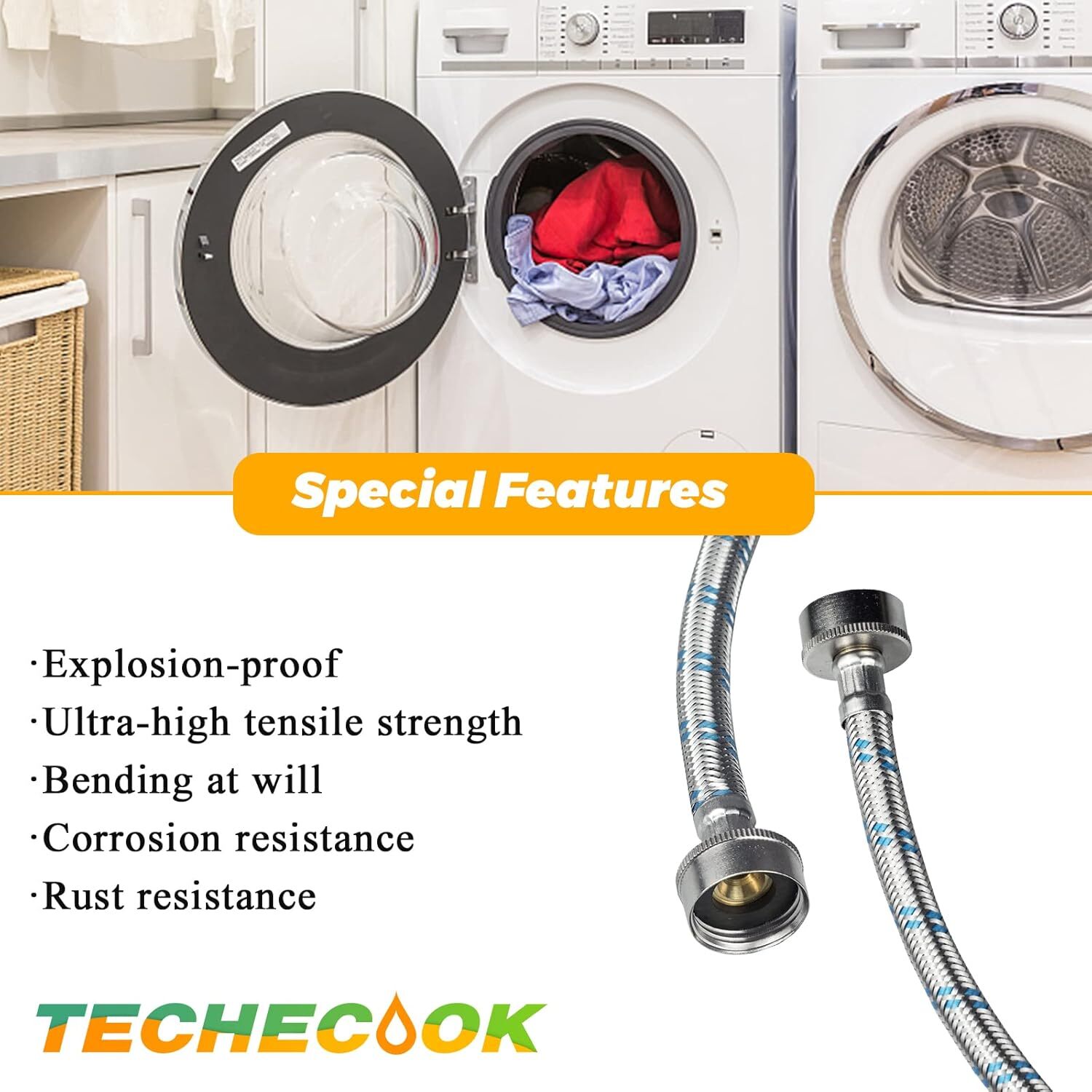 4ft Stainless Steel Washer Hoses 2-Pack – Burst Proof Hot/Cold Water Supply