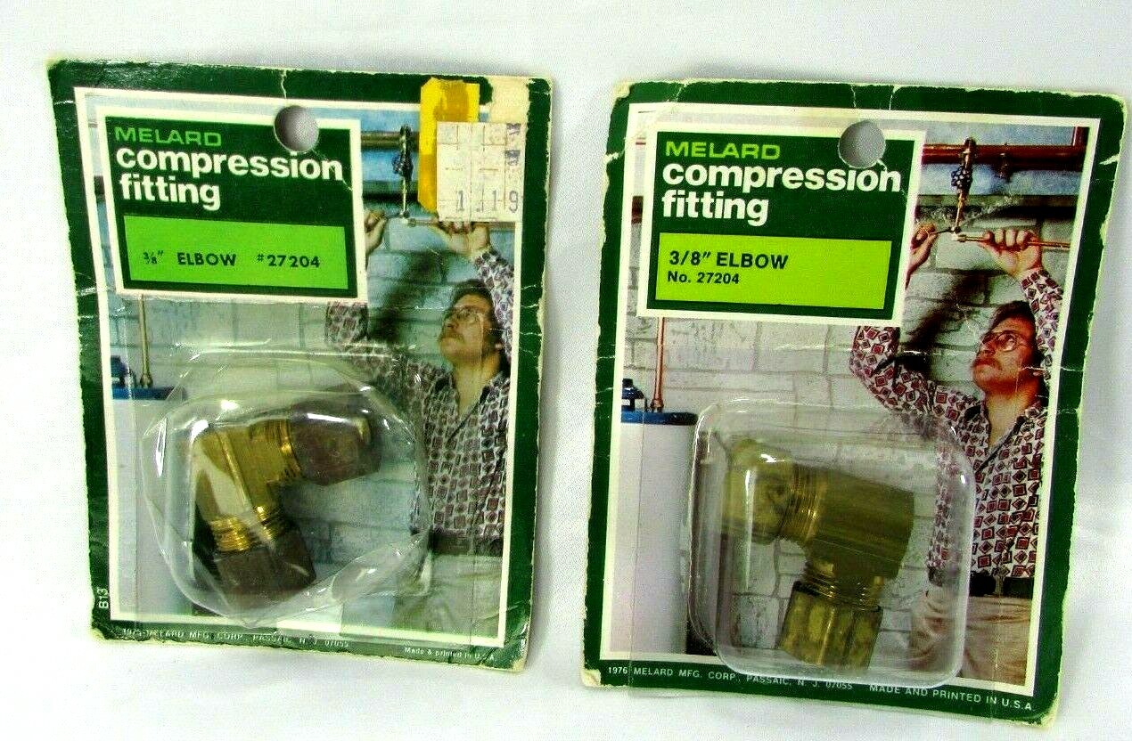 Brass Compression Elbow Fitting Lot (2) 3/8″ Elbow Vintage 1975 Package 27204