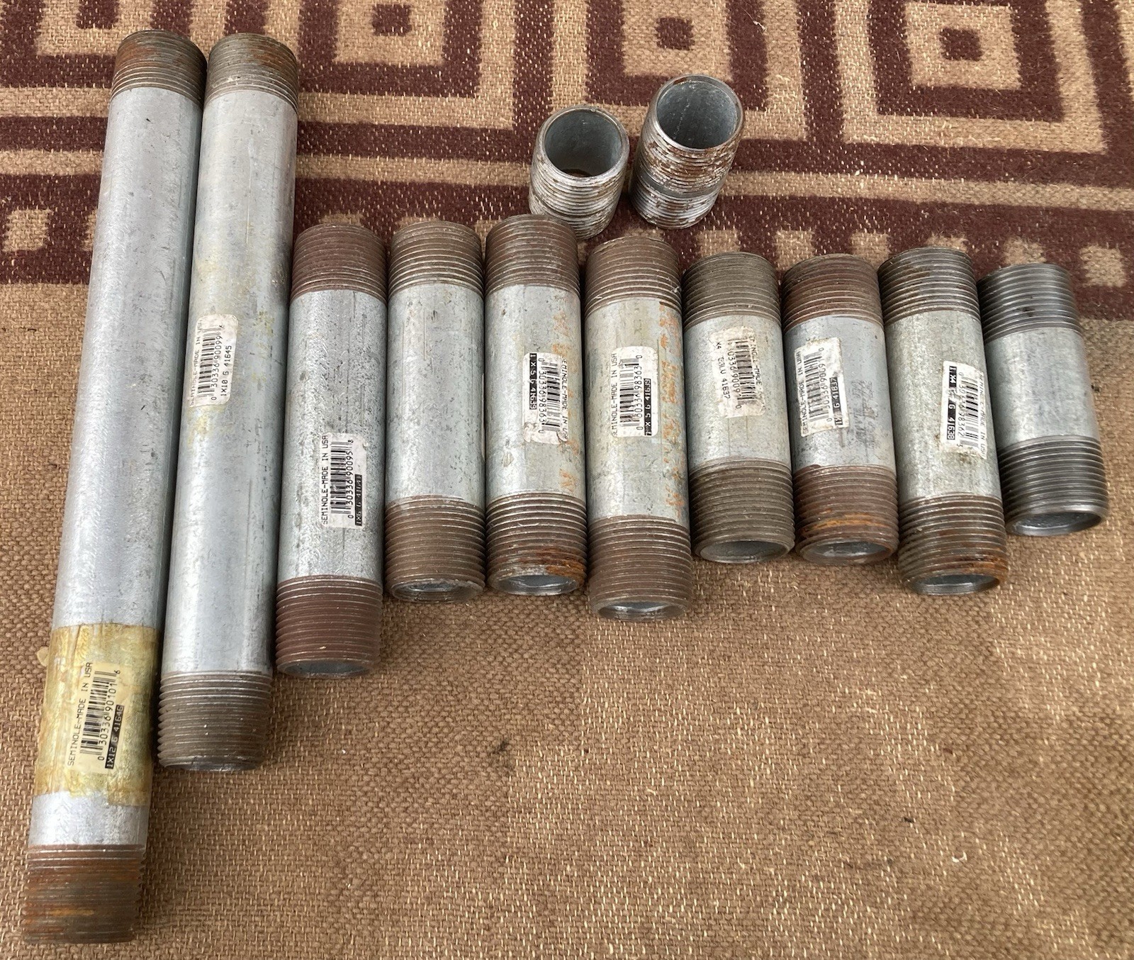 12pc Lot 1” Galvanized Pipe Nipples 12” 10” 6” 4” 2” All USA Except 2” Is China
