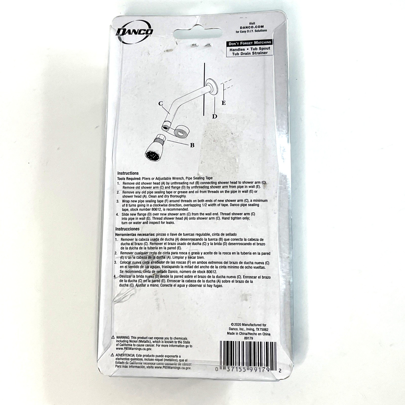 Danco Universal 8 Inch Shower Arm Without Flange Chrome Finish Silver 89179 NEW