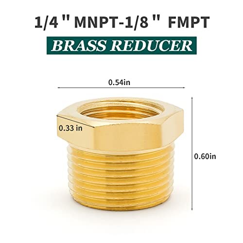 5Pcs Brass Reducer Hex Bushing Thread Reducer 1/4″ NPT Male to 1/8″ NPT Female