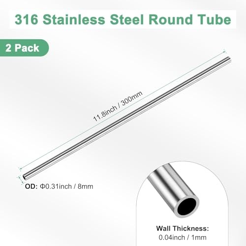 -Pack 300mm 316 Stainless Steel Tube, 8mm OD 1mm Wall 8mm x 1mm x 300mm 2