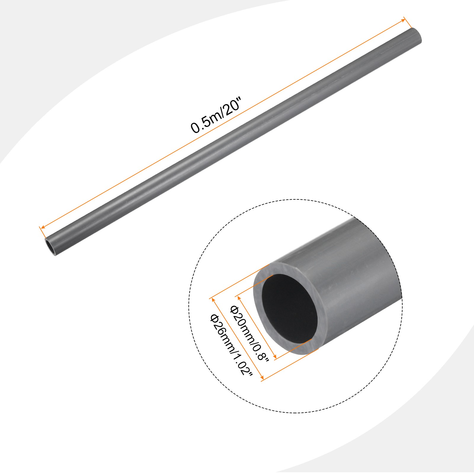 PVC Rigid Round Pipe 20mm ID 26mm OD 500mm Light Grey High Impact