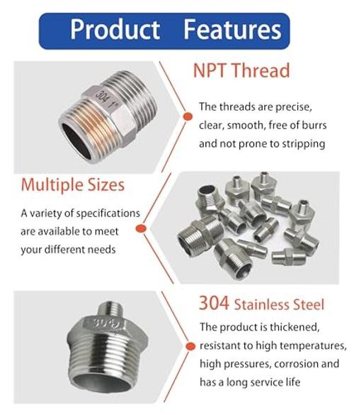 1″ x 1″ Male NPT Threaded Hex Nipple Pipe Fittings | 304 1″ x1″MNPT pack of 2