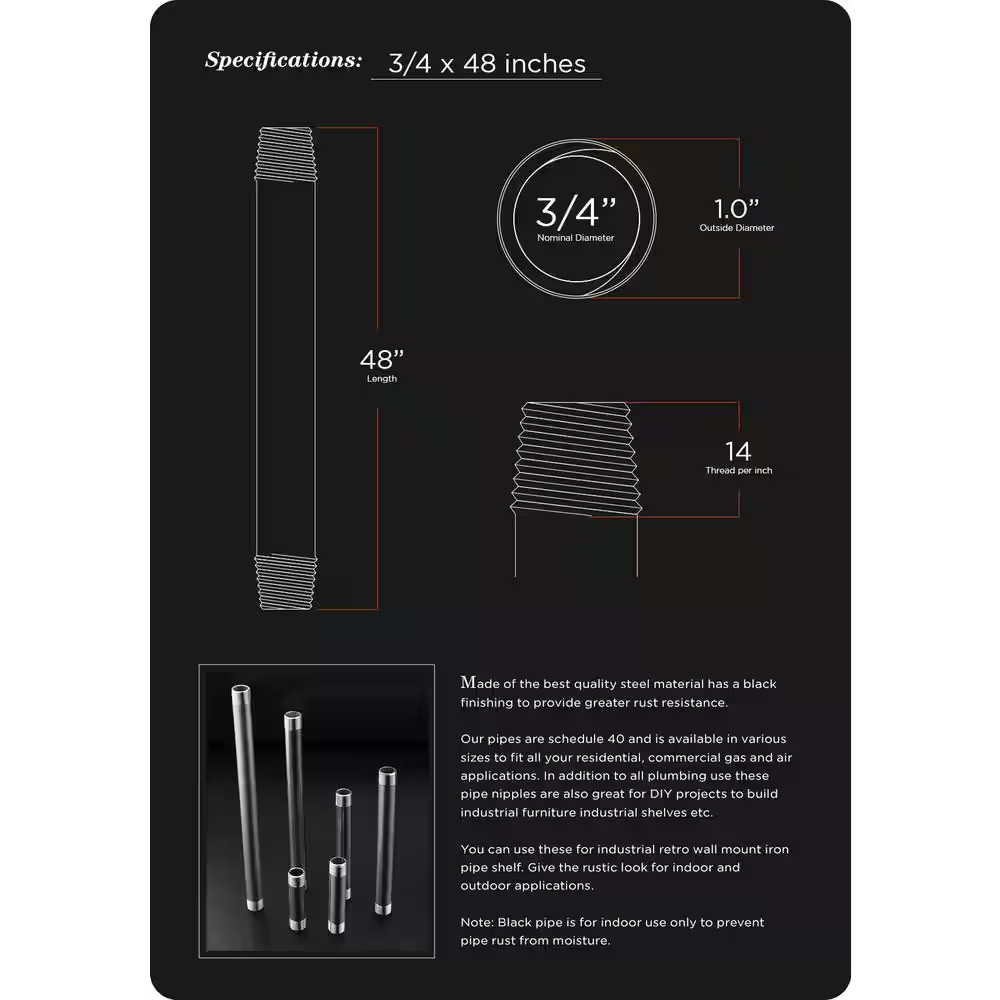 3/4 In. X 48 In. Black Steel Pipe (5-Pack) Free Shipping New