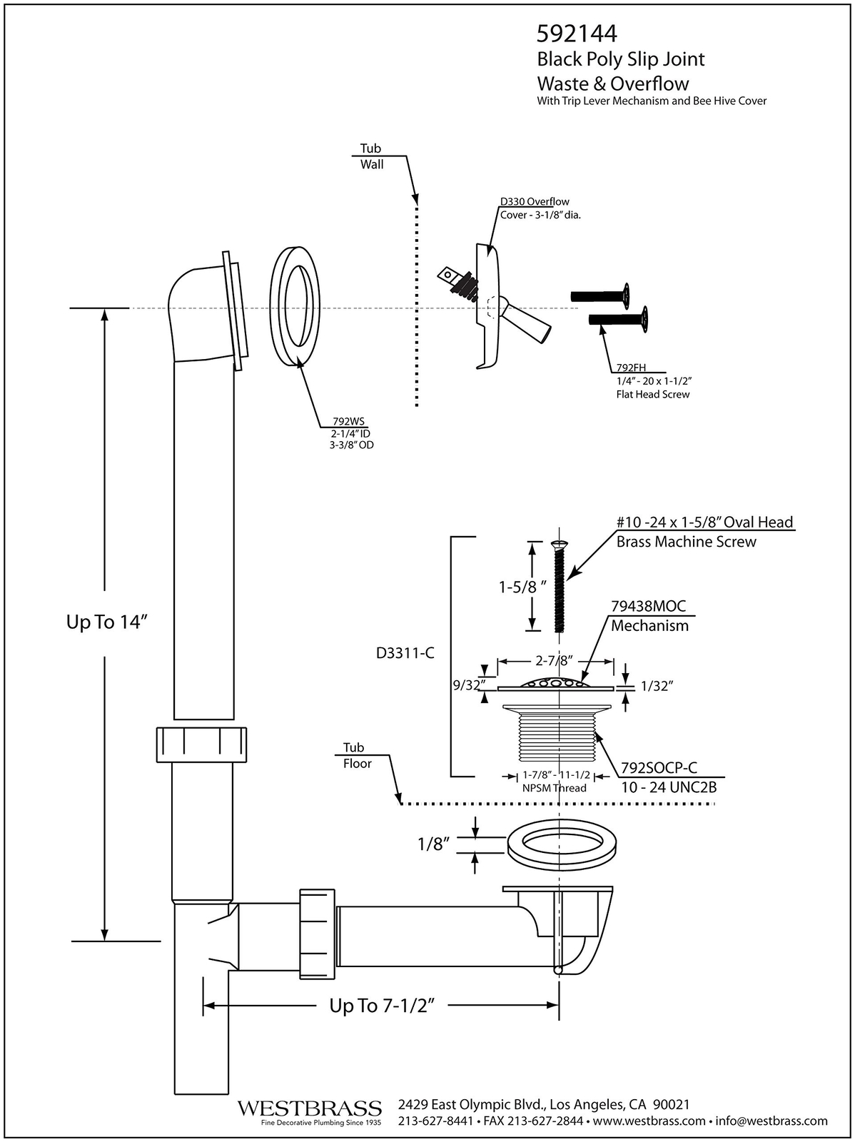 Westbrass 592144-62 Black 1-1/2″ Tubular Trip Lever Bath Waste Drain Kit, Mat…
