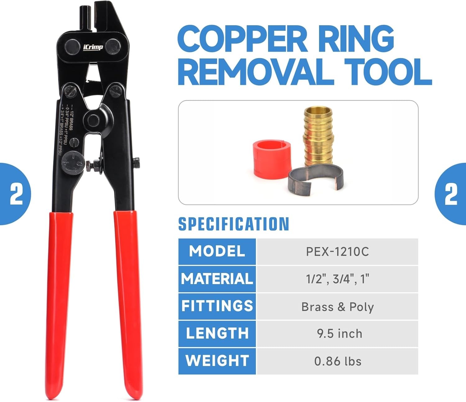 PEX Crimp Tool Kit w/ Cutter & Removal Tool for 1/2″ & 3/4″ PEX Copper Rings