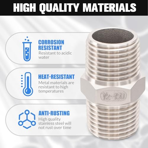 1/2″ Male x 1/2″ Male Hex Nipple Pipe Fittings, 304 Stainless 1/2″ x 1/2″ NPT