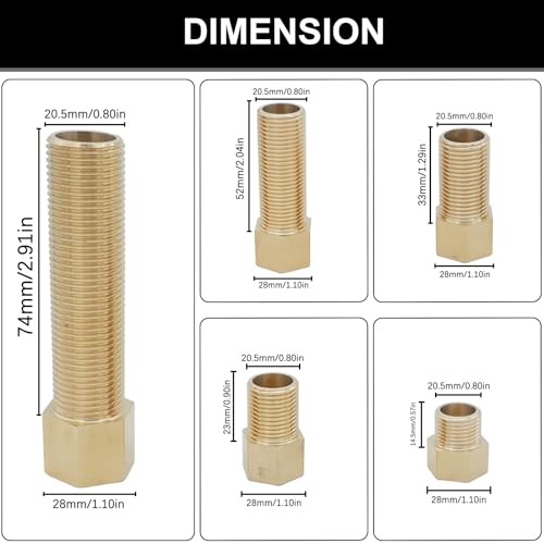 5PCS Extension Brass Pipe Fitting, 1/2″ Female to 1/2″ Male Pipe Hex Bushing