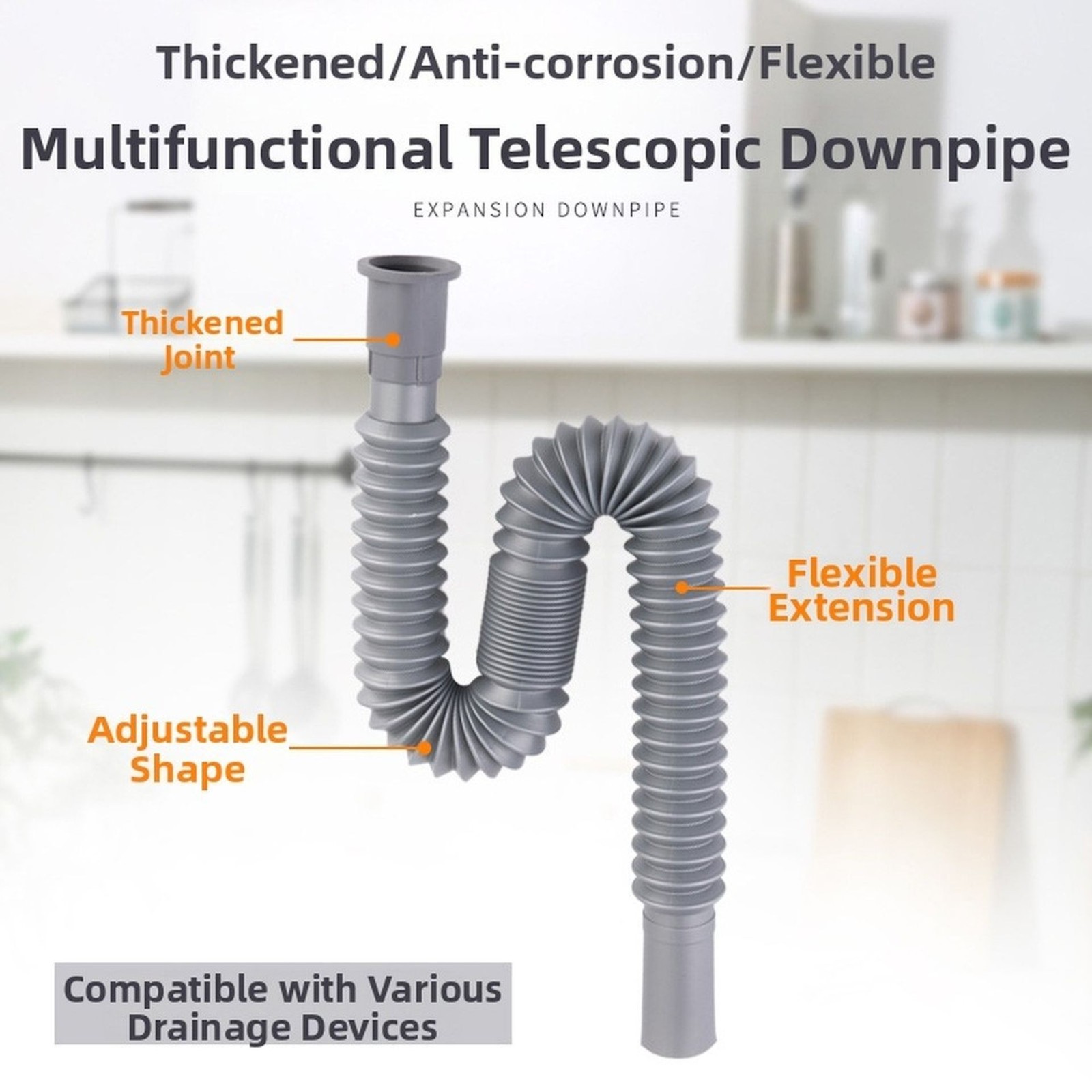 fLeXiBLe 12″ to 18″ Tube Pipe Sink Drain Water S-Trap Drain Hose Bathroom Grey