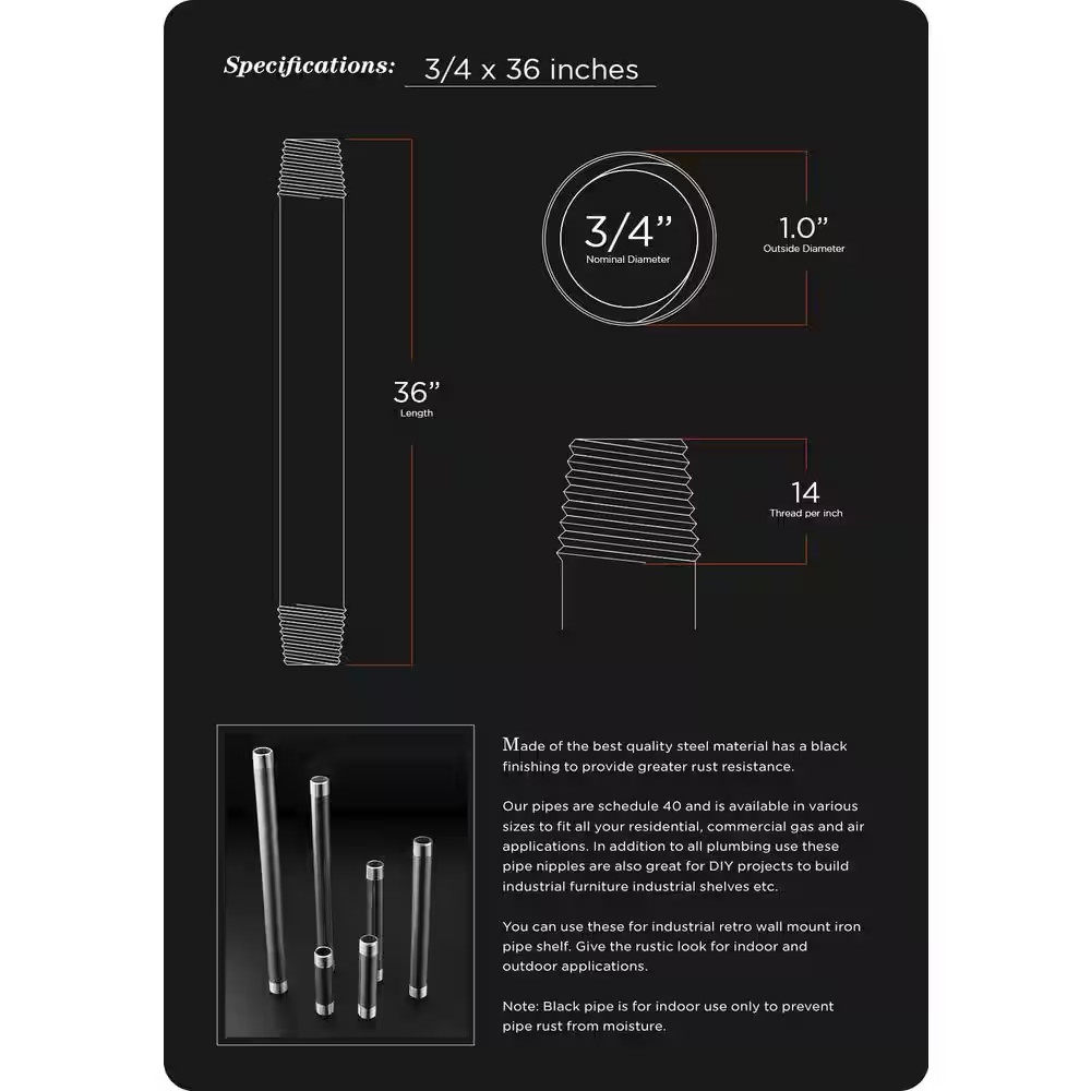3/4 In. X 3 Ft. Black Steel Pipe (5-Pack) Free Shipping New