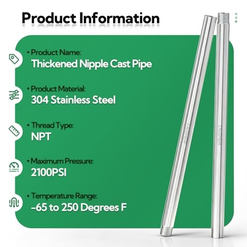 1PCS Stainless Steel Pipe Fittings, 1/2″ (M x F)NPT 1Pcs 12″ (300mm) Length