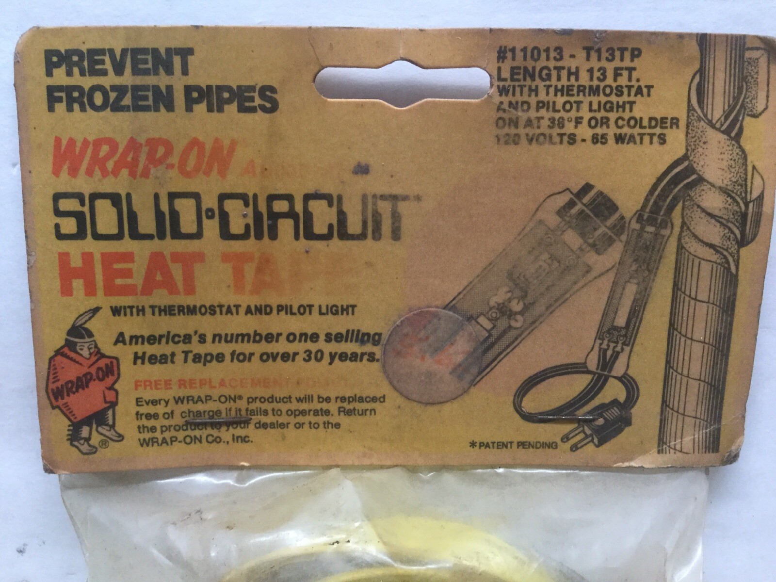 WRAP-ON 11013 – T13TP Solid Circuit Heat Tape Length 13’ 120V 65W, W/ Thermostat