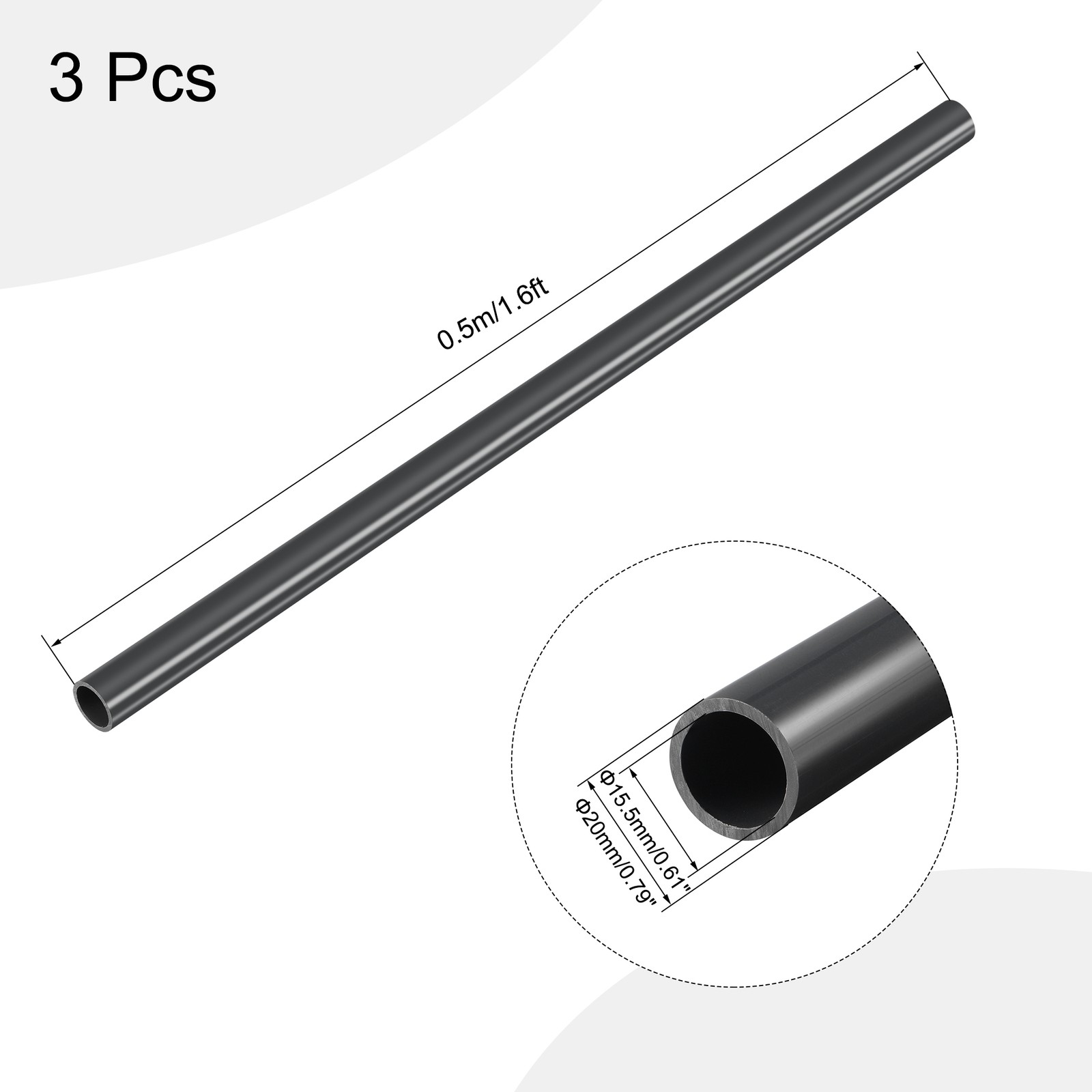 3pcs PVC Pipe 15.5mm ID 20mm OD 0.5m Rigid Water Pipe Drain Pipe Black