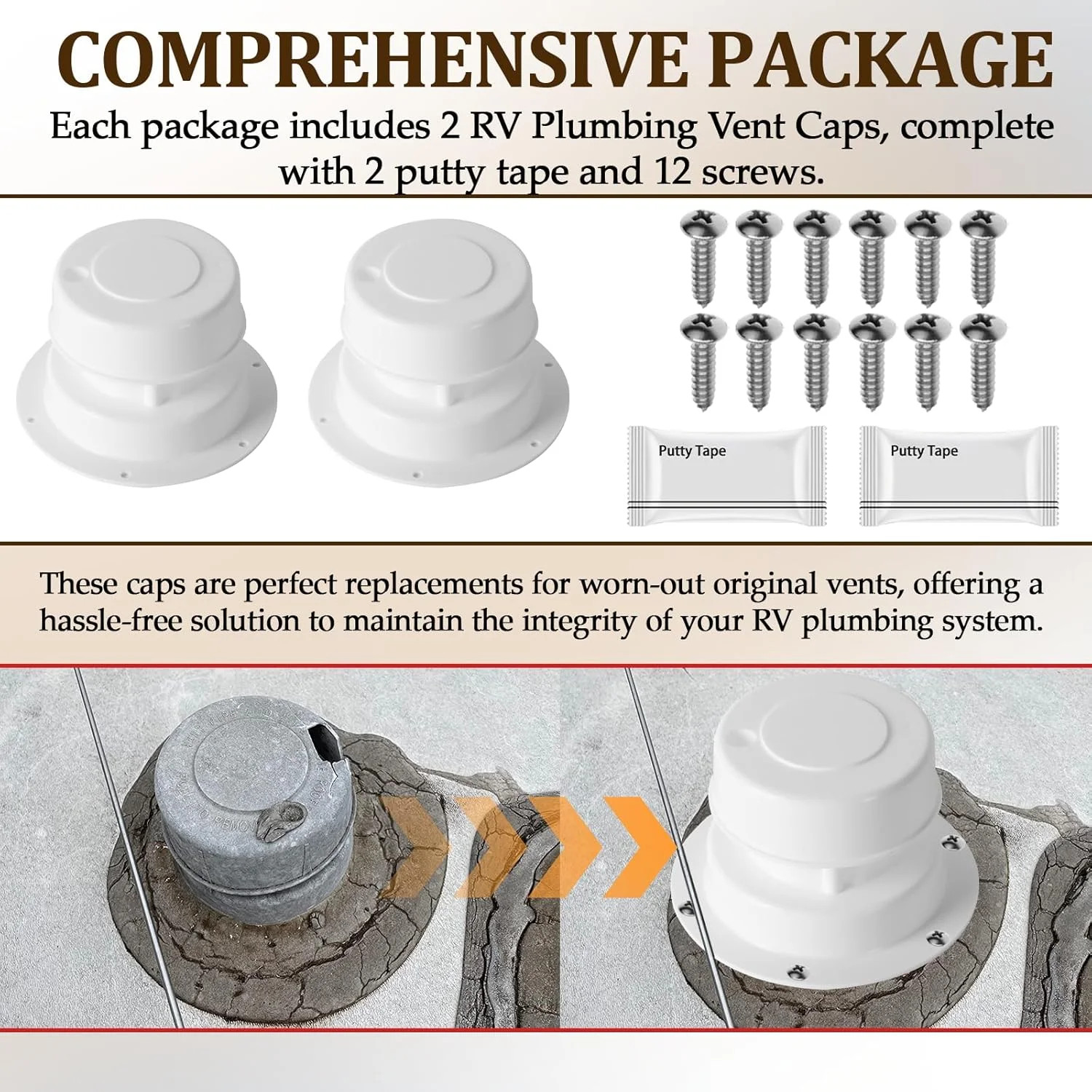 (2 Pack, White RV Roof Vent Cover Kits with Putty Tape and Screws, Camper Vents