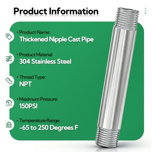 2Pcs Stainless Steel Pipe Fittings, 1/2″ NPT 1/2″ MNPT 2pcs 6″ (150mm) Length