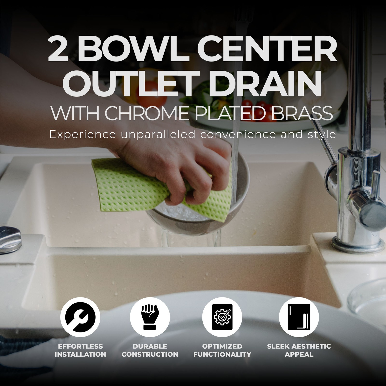 Master Plumber 2 Bowl Center Outlet Drain with Chrome Plated Brass for Sinks
