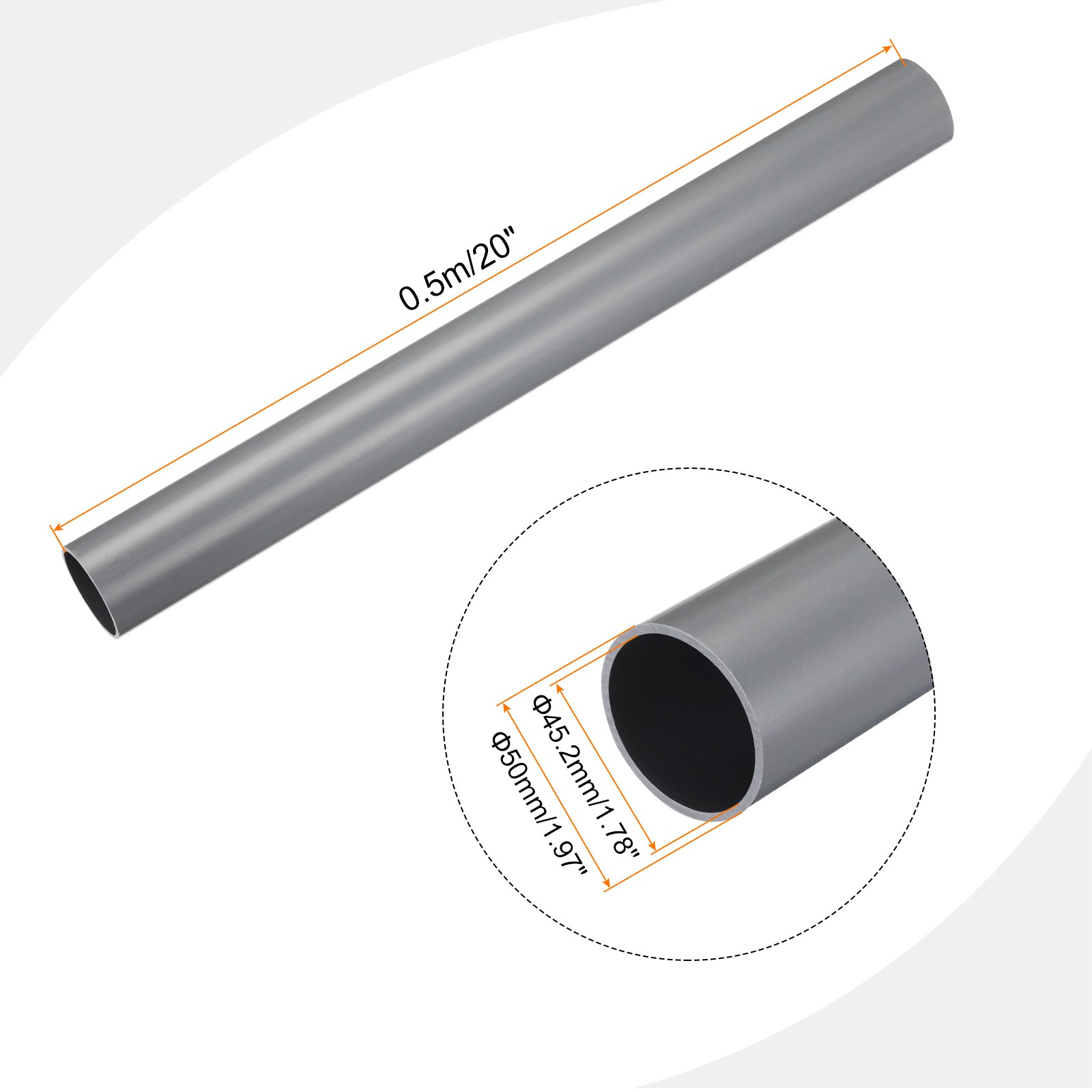 PVC Rigid Round Pipe 45.2mm ID 50mm OD 500mm Light Grey High Impact
