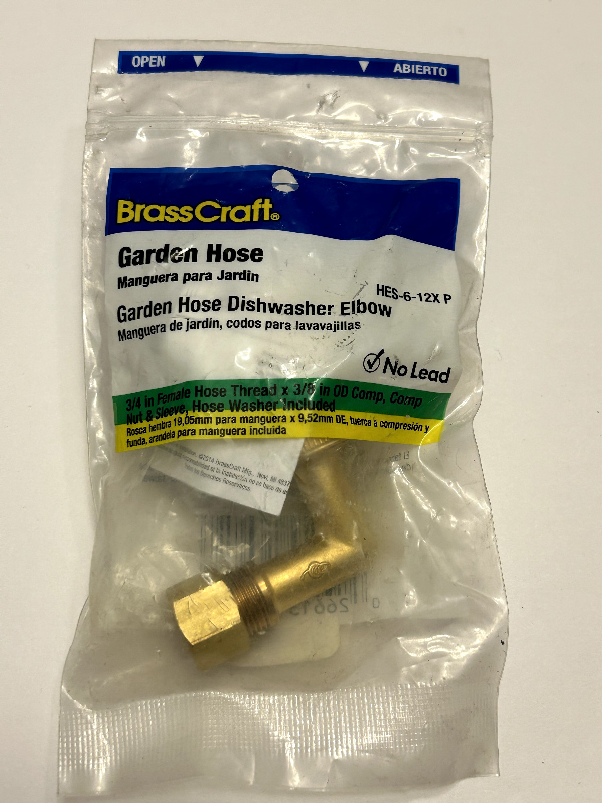 BRASSCRAFT HES-6-12X P Garden Hose Dishwasher Elbow 3/4″ FEMALE X 3/8″OD – New