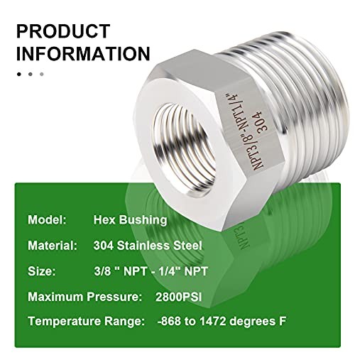 PCS Forging of 304 Stainless Steel Reducer Hex Bushing, 3/8″ MNPT x 1/4″ FNPT 5