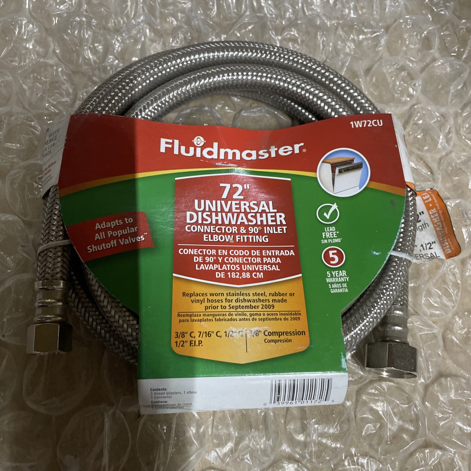 Fluidmaster 1W72CU Steel 1000 PSI 72 L in. Dishwasher Connector 3/8 in. Nominal