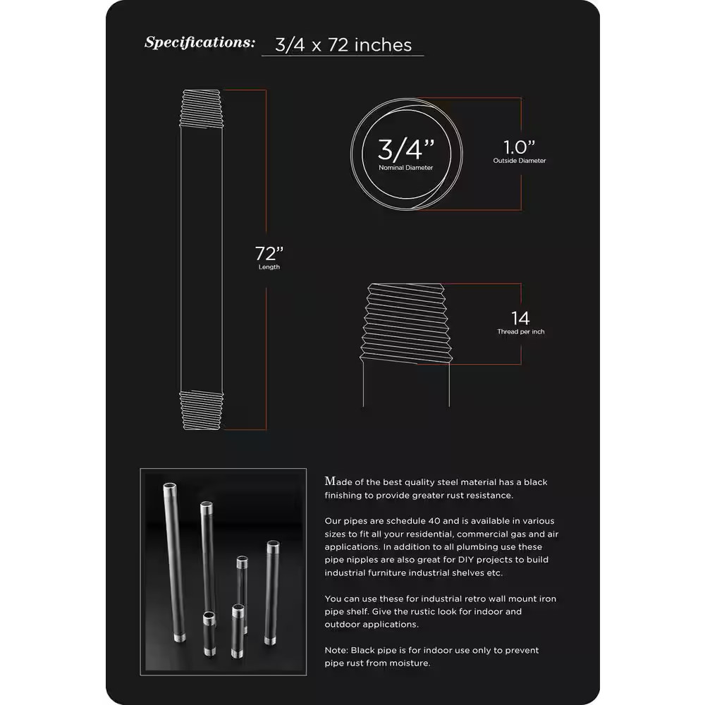 3/4 In. X 72 In. Black Steel Pipe