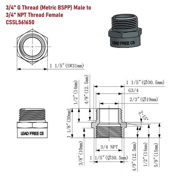 Metric BSP G 3/4″ Male to NPT 3/4″ Female Pipe Fitting Adapter – Lead-Free