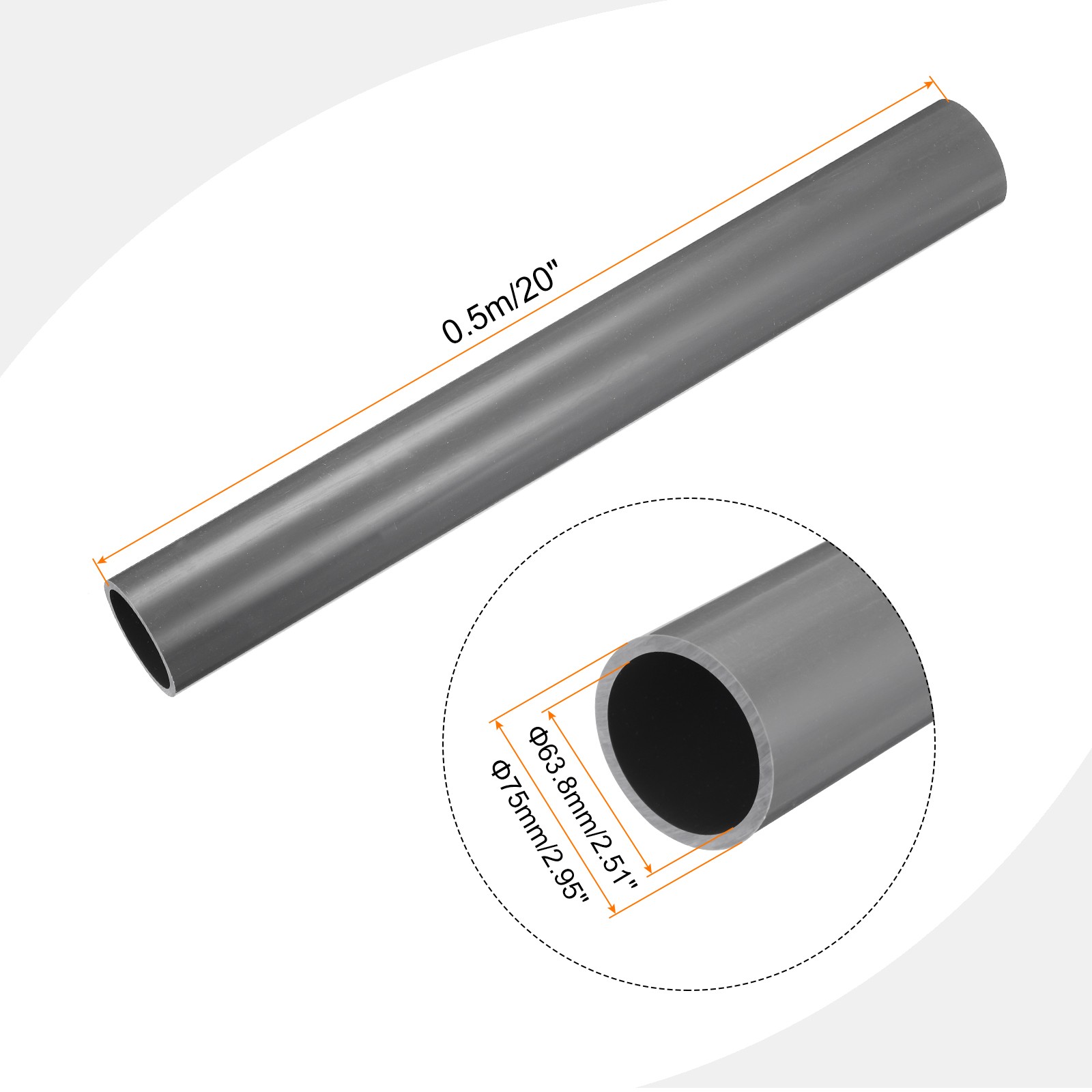 PVC Rigid Round Pipe 63.8mm ID 75mm OD 500mm Light Grey High Impact