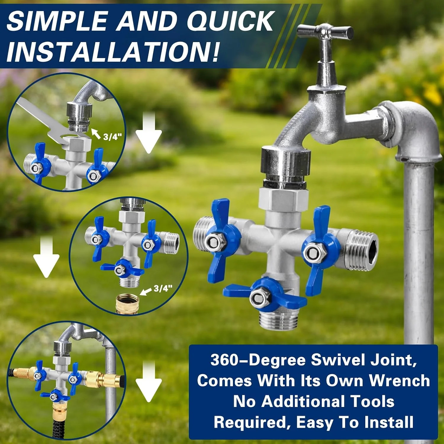 304 Stainless Steel 3 Way Garden Hose Splitter, Heavy Duty Hose Splitter with 3
