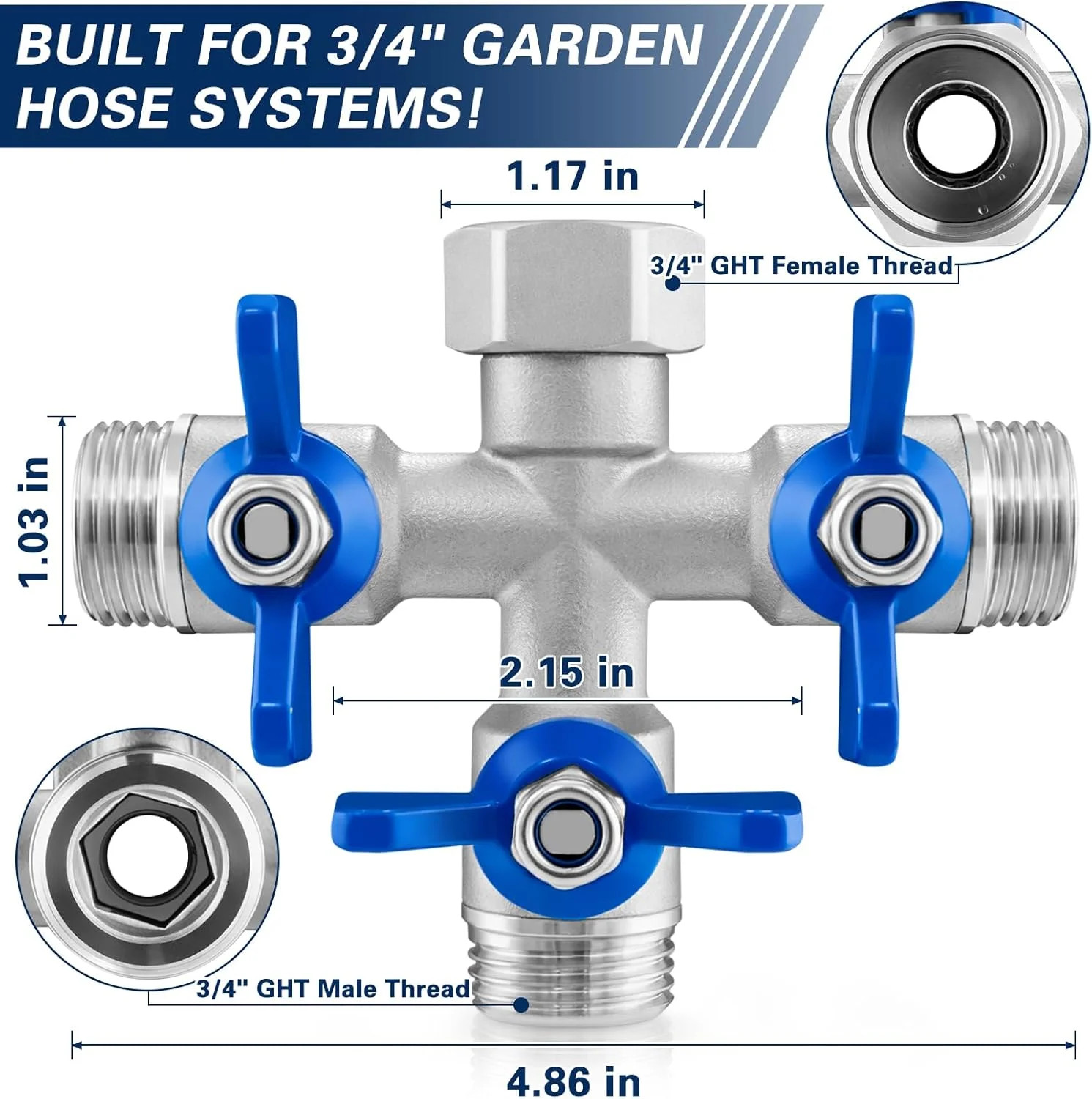 304 Stainless Steel 3 Way Garden Hose Splitter, Heavy Duty Hose Splitter with 3